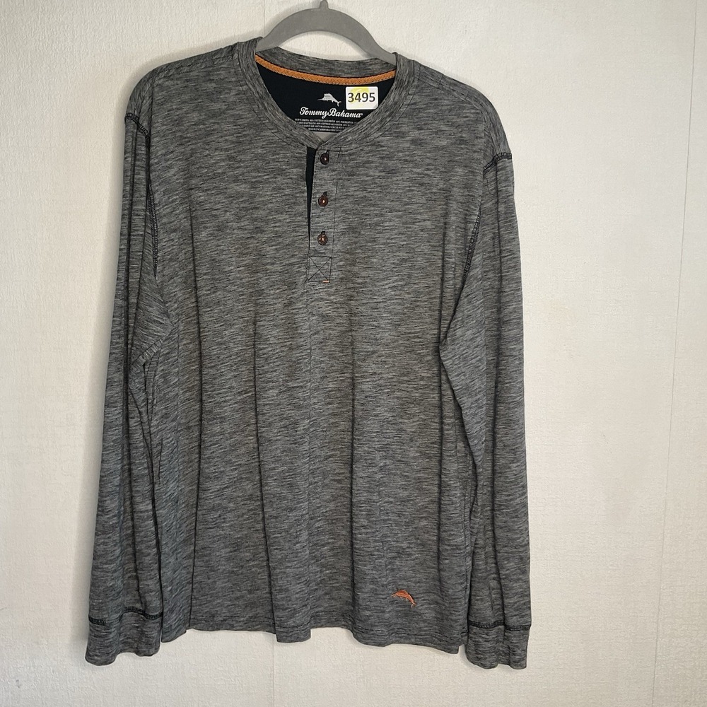 Tommy Bahama‎ Henley Shirt Men's  Large Gray Long Sleeve Lightweight Crew Neck